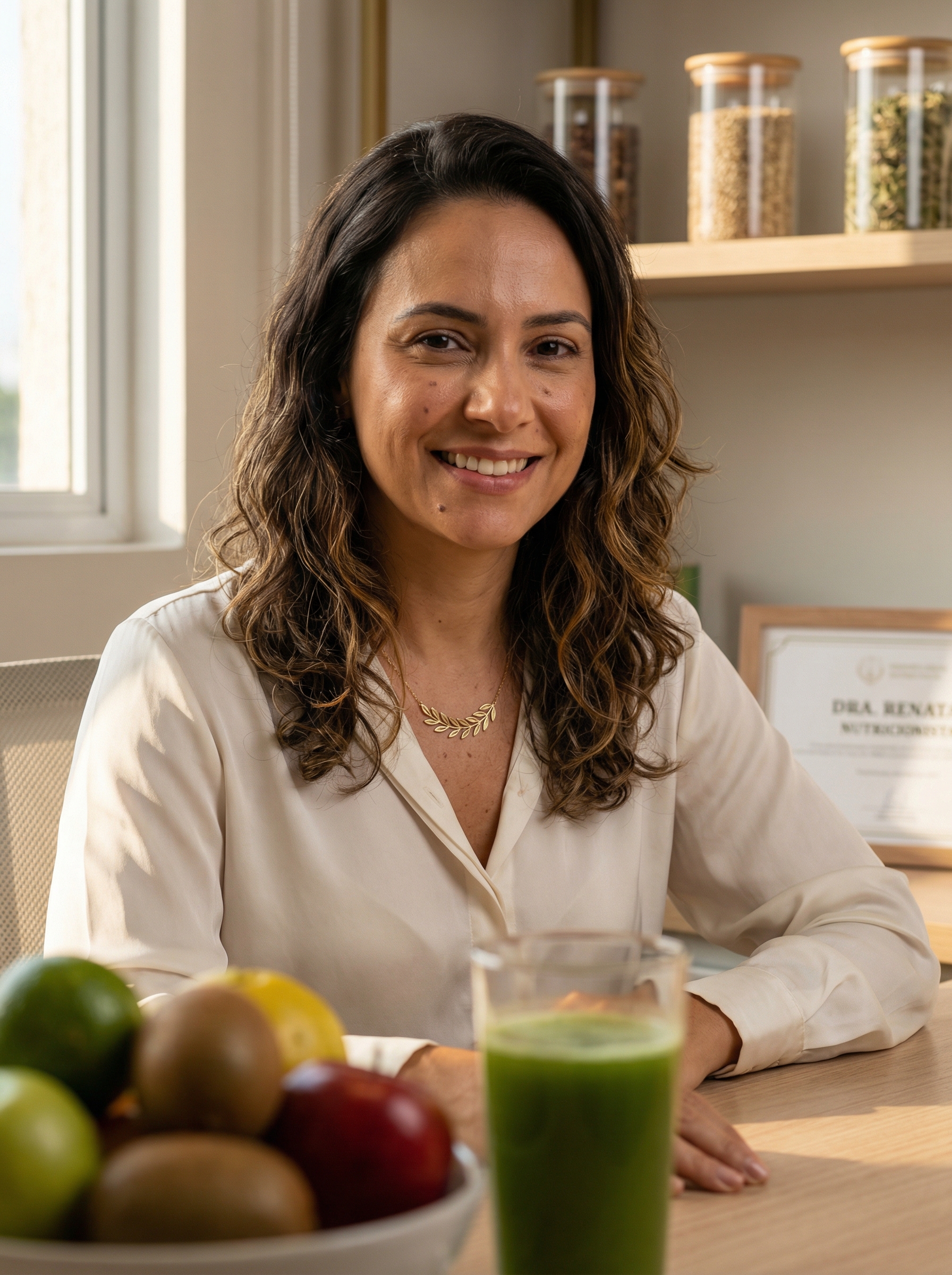 Dra. Renata Villanova sorrindo em seu consultório, com frutas frescas e suco verde na mesa